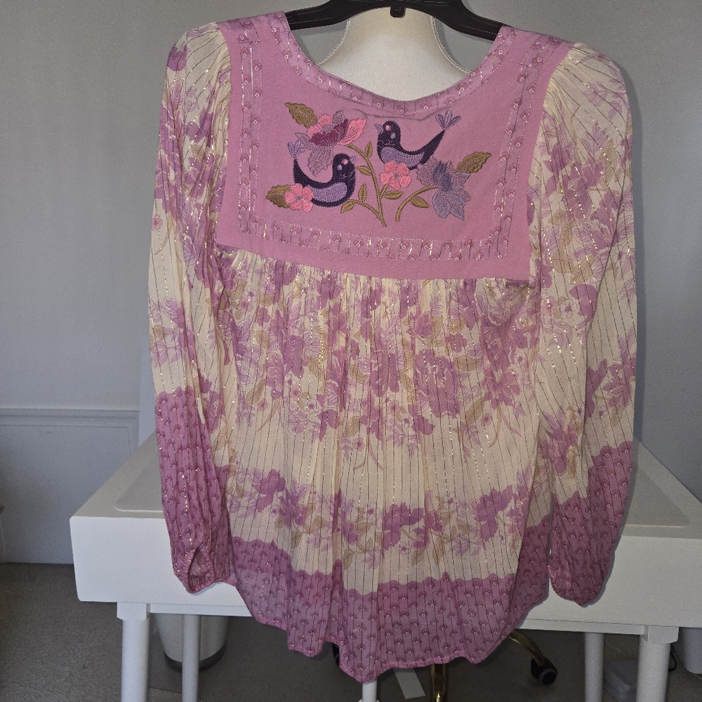 NWT Floral Poplin Pink And White Women's Boho Top Womens XS - Picture 3 of 9